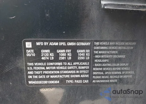 2011 Buick Regal Cxl Russelsheim from USA, damaged, VIN W04GS5EC0B1006364